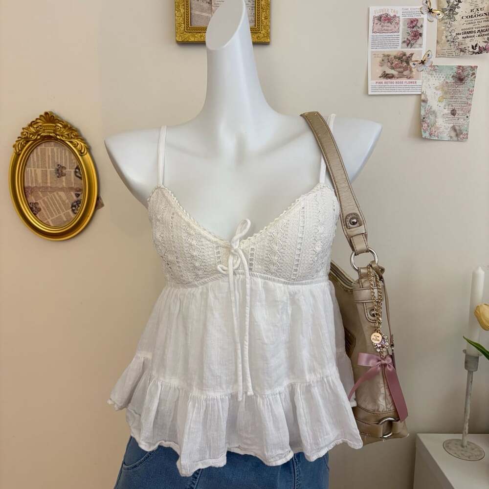 aeropostale white crochet eyelet lace babydoll cami top size s tiered ruffle hem